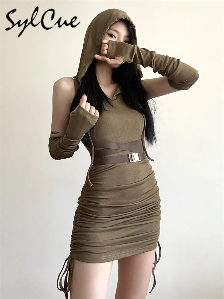 Sylcue Trendy Personalized Solid Color Sexy Pleated Mature Beautiful Confident Feminine Cool Women's Summer Hooded Dress