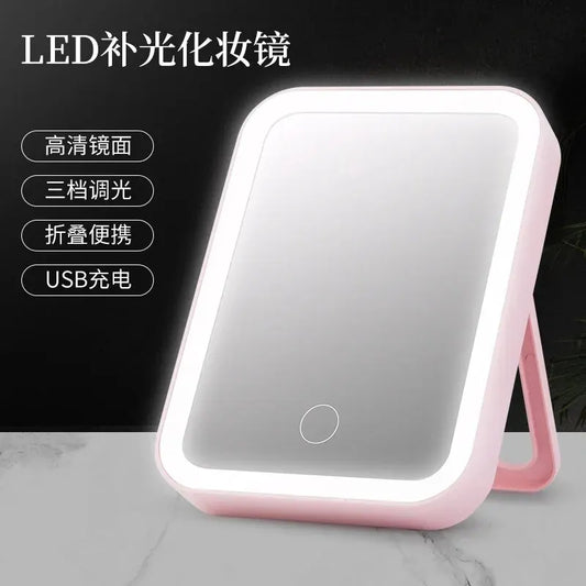 Led Makeup Mirror with Lamp Desktop Internet-famous Women's Light-filling Portable Small Mirror Dormitory Desktop Folding Portab