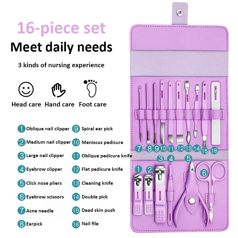 Professional Manicure Set 12/16 Pcs Full Function Kit Stainless Steel Pedicure Sets With Leather Portable Case Idea Gift