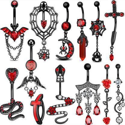 1PC Red Black Bat Belly Button Ring Surgical Steel Cross Navel Piercing Dangle Snake Belly Button Jewelry Women Piercing Ombligo