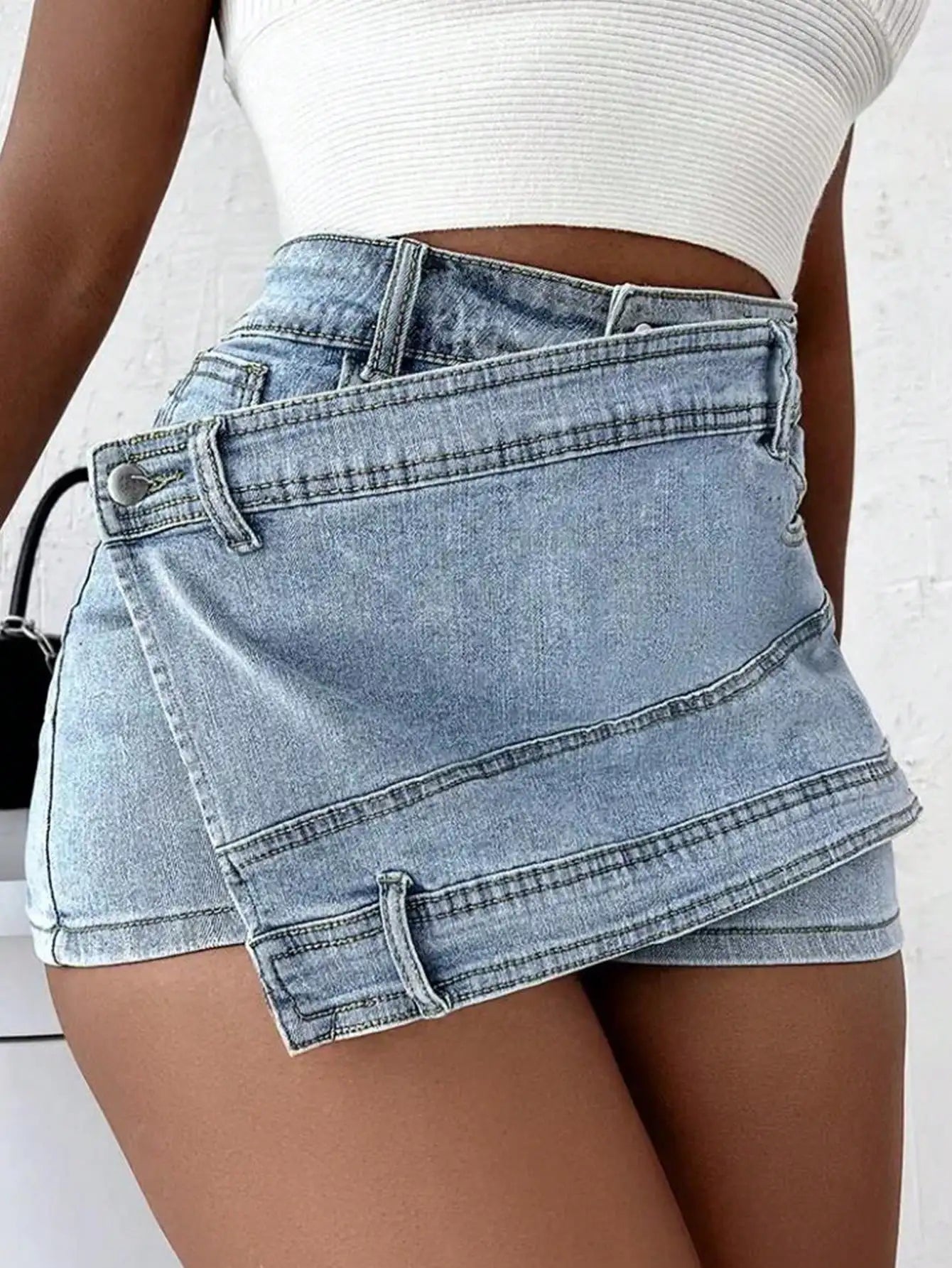 2024 Women Fashion Denim Mini Skort Rave Street Wrap Stretch Irregular A-Line Skinny Cargo Jean Shorts Mujer