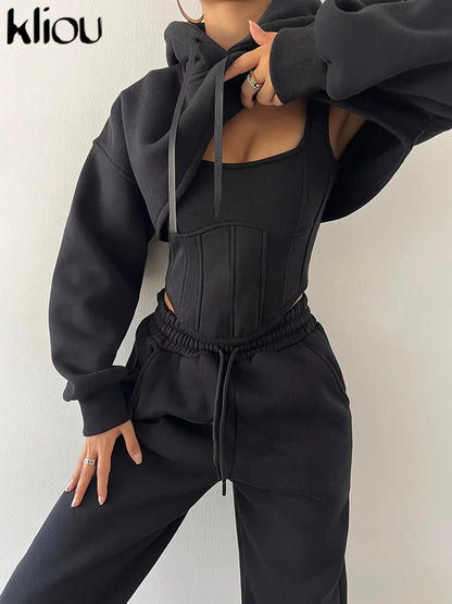 kliou Casual Hooded 3 Piece Set Women Concise Classic Irregulary Tanks+Autumn Long Sleeve Crop Top+Bandage Pants Female Activewe