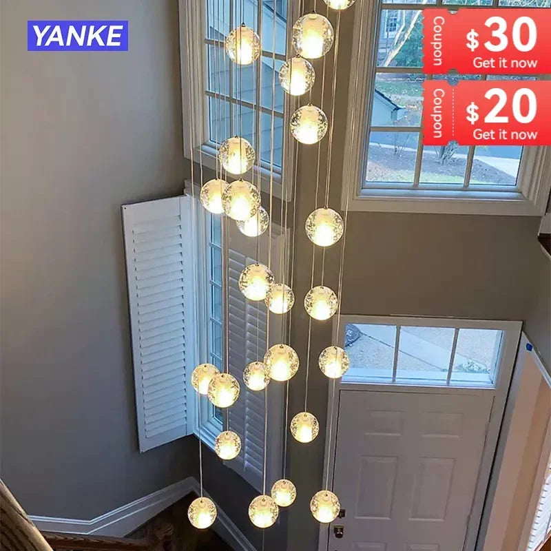 Dropshipping Staircase Pendant Lights Crystal Bubble Ball Long Cable Hanging Droplight for Villa Bar Lobby Restaurant Home Decor