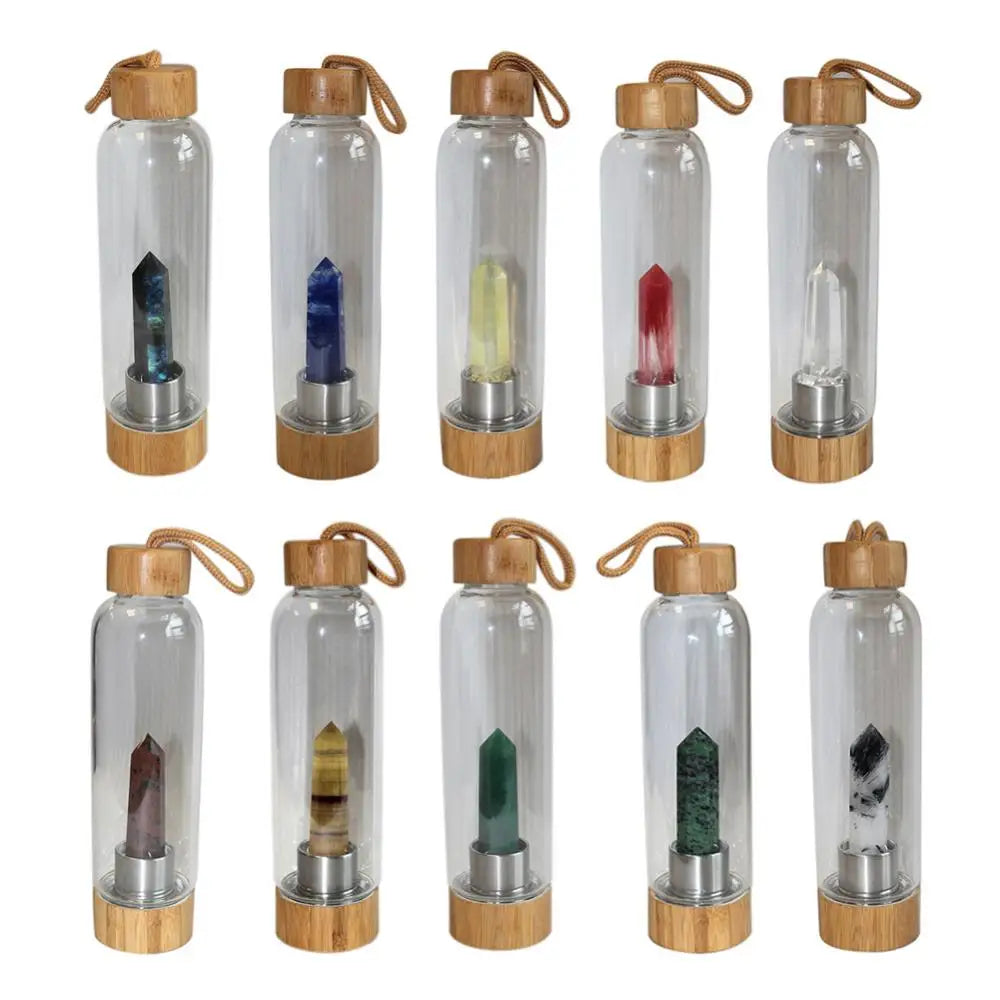 Natural Quartz Gemstone Glass Water Bottle Direct Drinking Cup Glass Crystal Obelisk Wand Healing Wand Bottle with Rope 2024 new