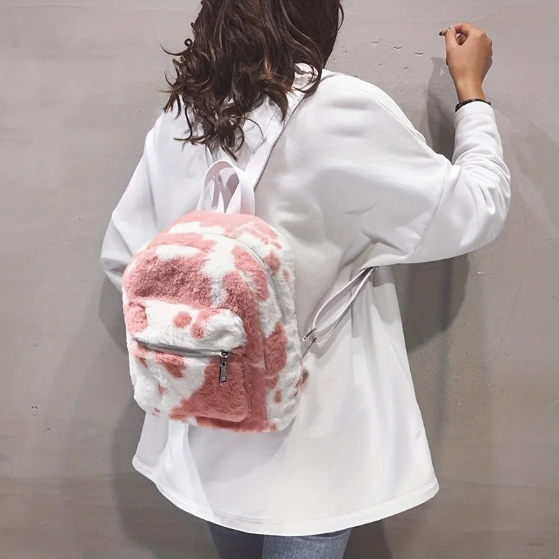 WHOLESALE COW PRINT PLUSH BAG FEMALE 2024 NEW FURRY SHOULDER SMALL BACKPACK PERSONALITY SMALL SCHOOL BAG BACKPACK