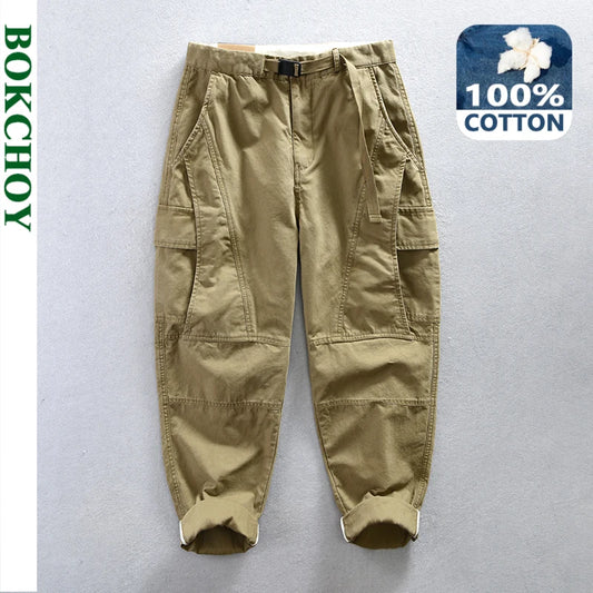 Autumn New 100% Cotton Retro Cargo Pants Men Clothing Multi-pockets Daily Joggers Men Trousers AZ629