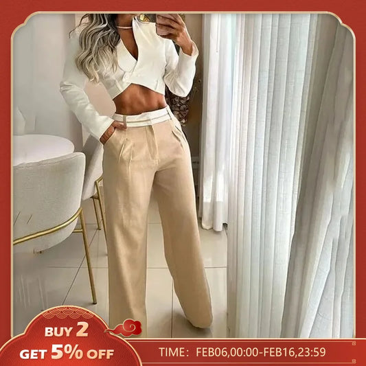 Autumn Women Two Piece Set Office Fashion Solid Long Sleeve Lapel High Waist Short Top Loose With Pockets Pants Sets Streetwear