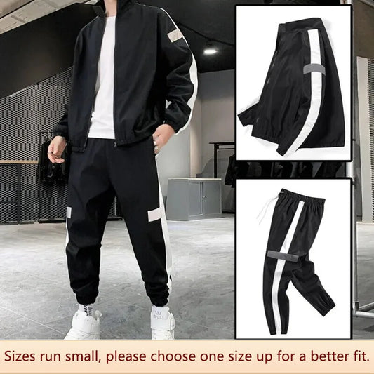 Men Casual Sports Set Reflective Strip Sportswear Two-piece Set Student Spring Autumn Sportswear Long Sleeve Pants