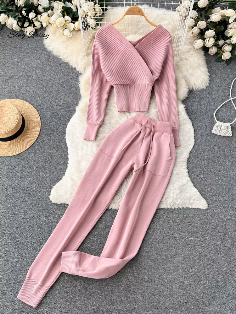 SINGREINY Winter Casual Knitted Two Pieces Suits V Neck Long Sleeve Sweater+ Elastic Casual Long Pants Sets Women Sweater Sets