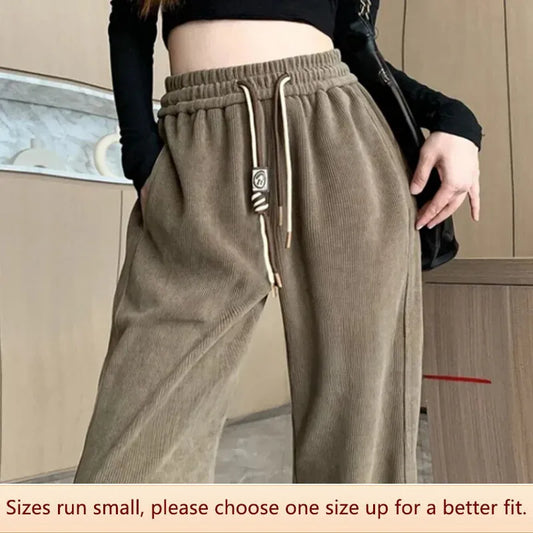 Wood Cotton Velvet Strip Wide-leg Pants Women Autumn Season Slimming Straight Cylinder Design High-waist Straight Cylinder Pants