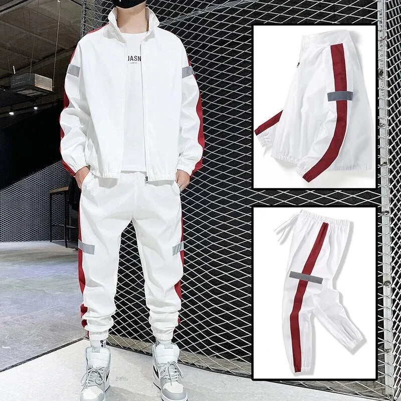 Men Casual Sports Set Reflective Strip Sportswear Two-piece Set Student Spring Autumn Sportswear Long Sleeve Pants