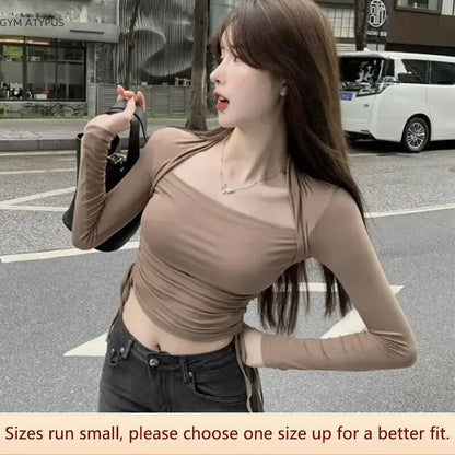 Sexy Square Collar Coffee Base Shirt Women Design Sensation Small Spring Autumn Inner Wear Sleeve T-Shirt