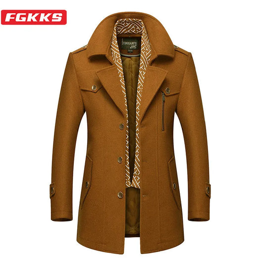 FGKKS Man Classic Fashion Trench Coat Male Long Jacket Slim Fit Overcoat Casual Wool Blends Warm Outerwear Windbreaker Men