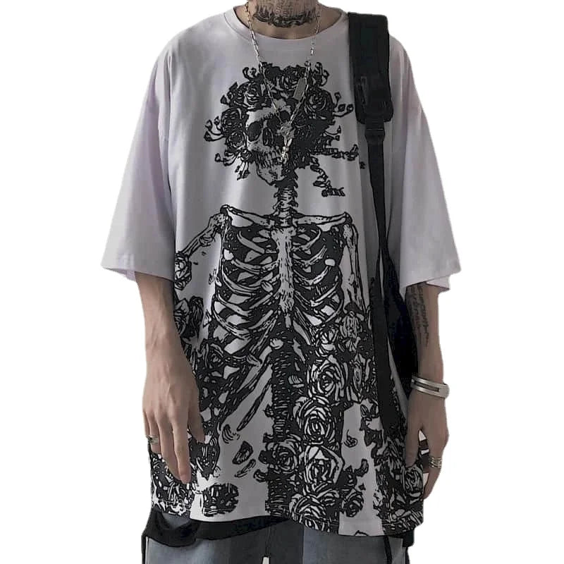 Men T-shirts 2024 Summer Streetwear High Street Gothic Skull Tshirt Loose Oversized Short-sleeved T shirt Dark Anime Men Y2k Top