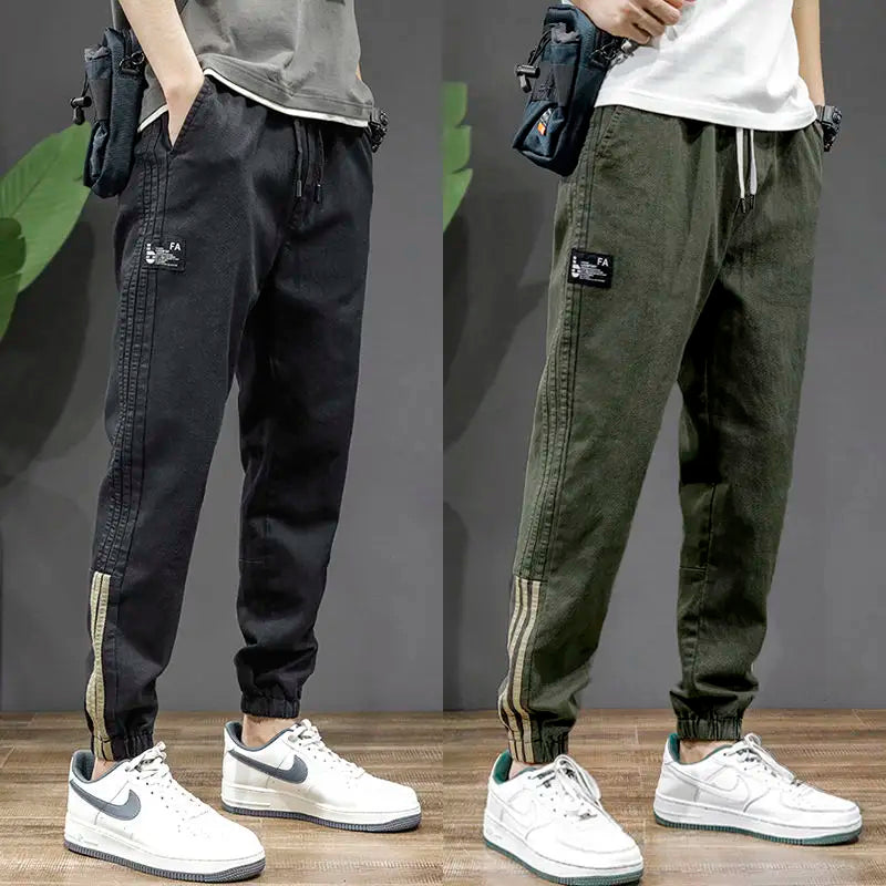 2024 New Patch Pocket Men's Striped Harun Korean Bound Cargo Pants Classic Men's Thin Fashion Waist Drawstring Casual Trousers