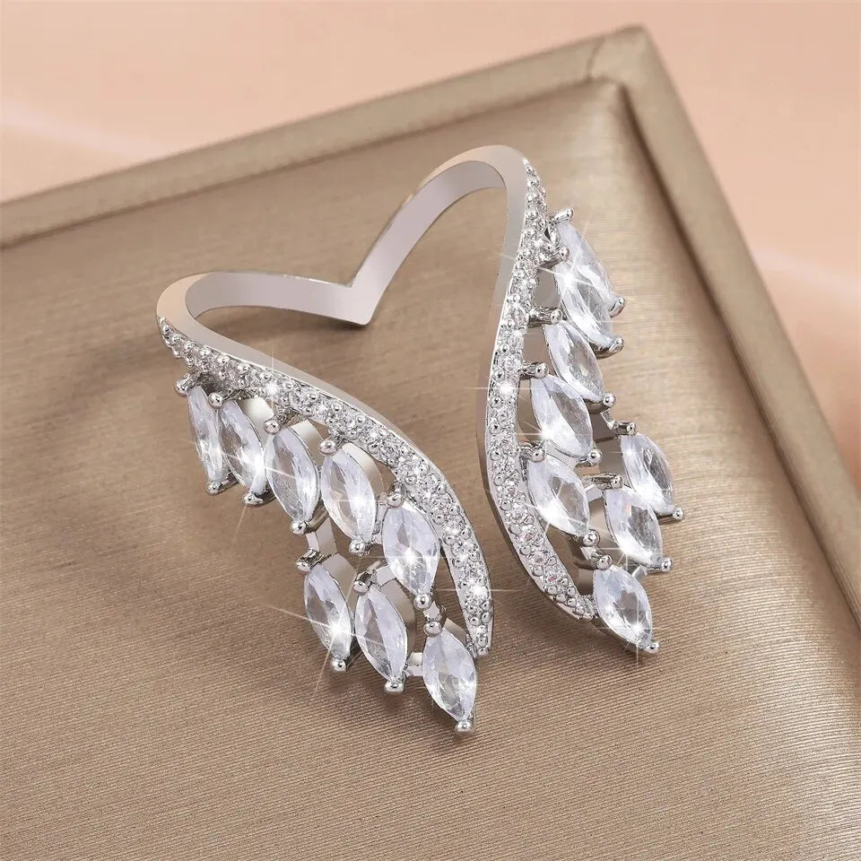 Romantic Cubic Zirconia Open Wing Joint Rings for Women Bridal Engagement Girls Party Adjustable Finger Gift Jewelry