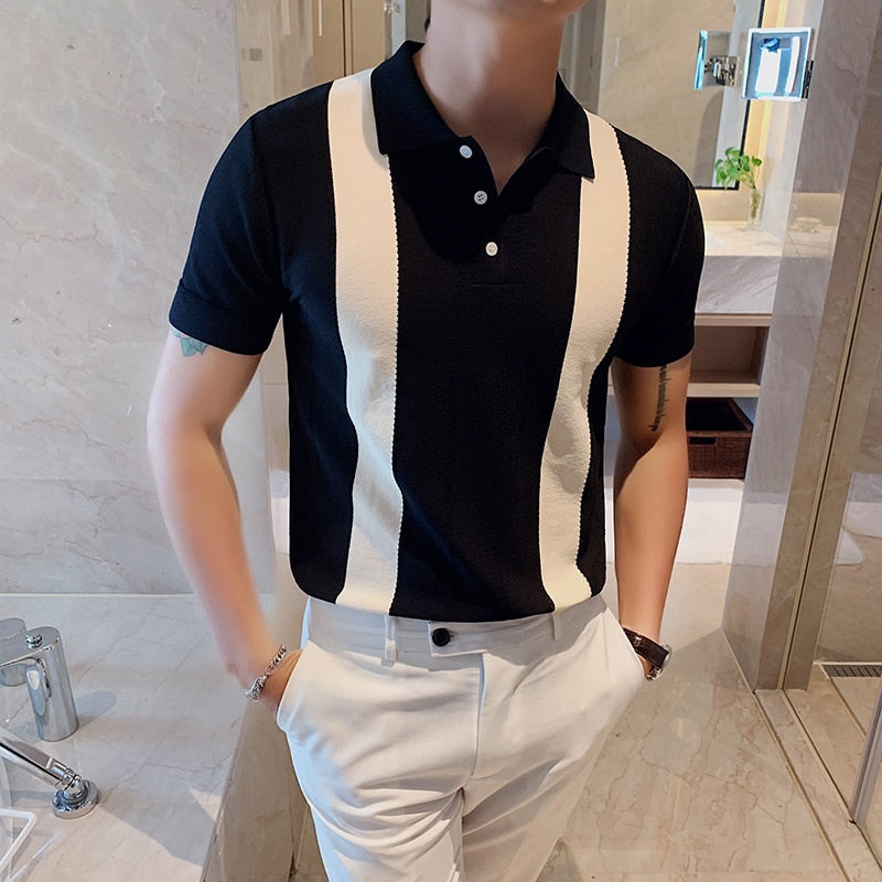 2024 Summer Men&#39;s Short-sleeved Knitted Casual POLO Shirts Contrast Color British Slim Lapel Ice Silk POLO Shirt Men Clothes