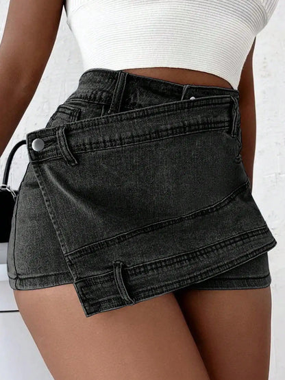 2024 Women Fashion Denim Mini Skort Rave Street Wrap Stretch Irregular A-Line Skinny Cargo Jean Shorts Mujer