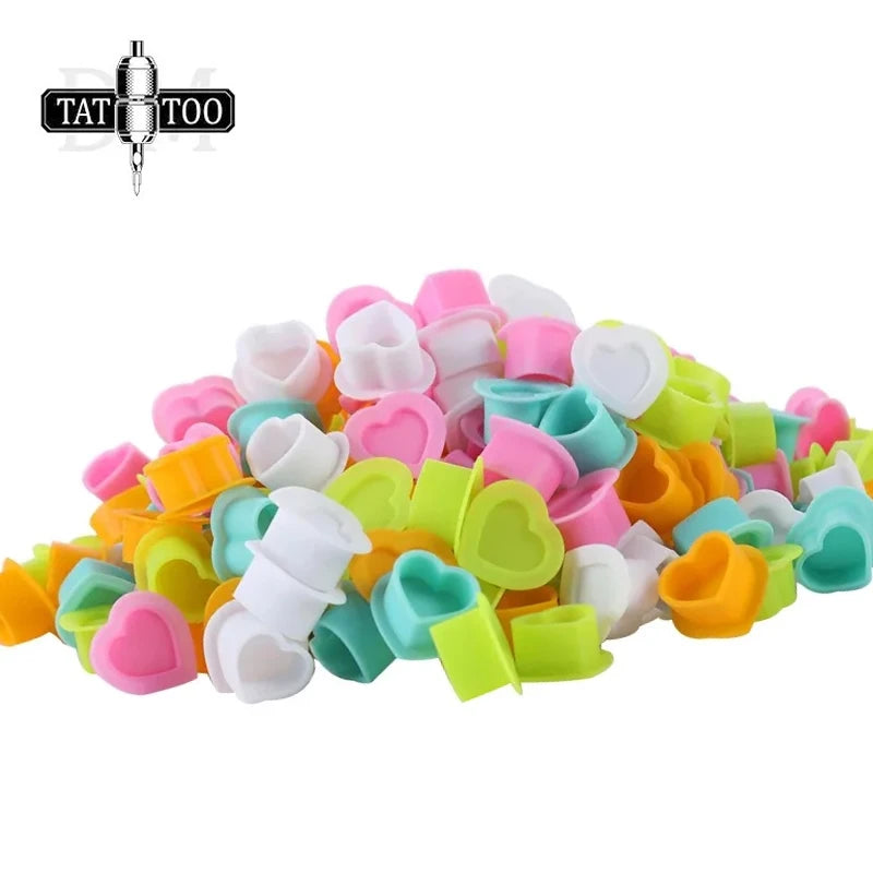 DMTATTOO 100PCS Tattoo Ink Cup Heart shaped Base Silicone Micro coated Permanent Makeup Tattoo Paint Cup Accessories