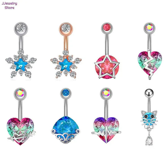 1pc Heart Reversed Bar Belly Button Rings Colorful Crystal Zircon Dangled Cat Navel Ring Surgical Steel Body Jewelry Piercing