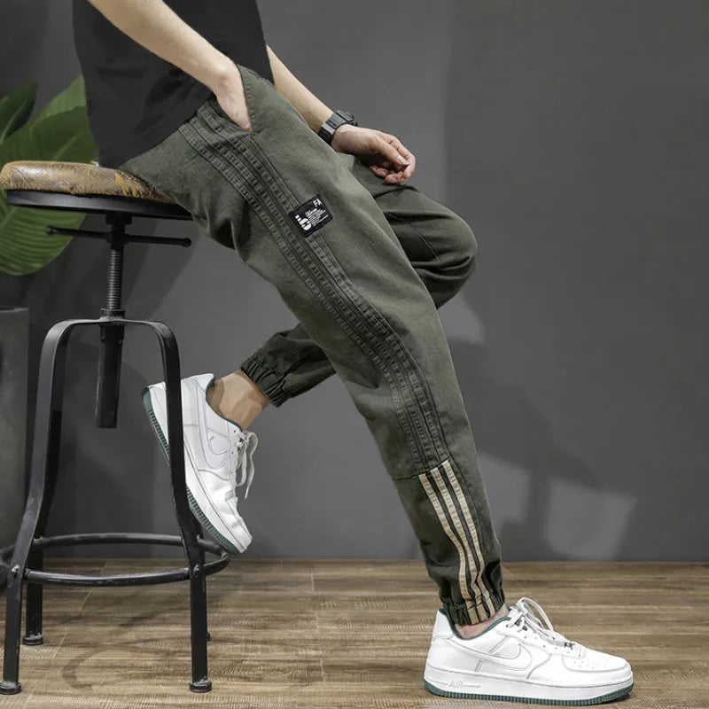 2024 New Patch Pocket Men's Striped Harun Korean Bound Cargo Pants Classic Men's Thin Fashion Waist Drawstring Casual Trousers