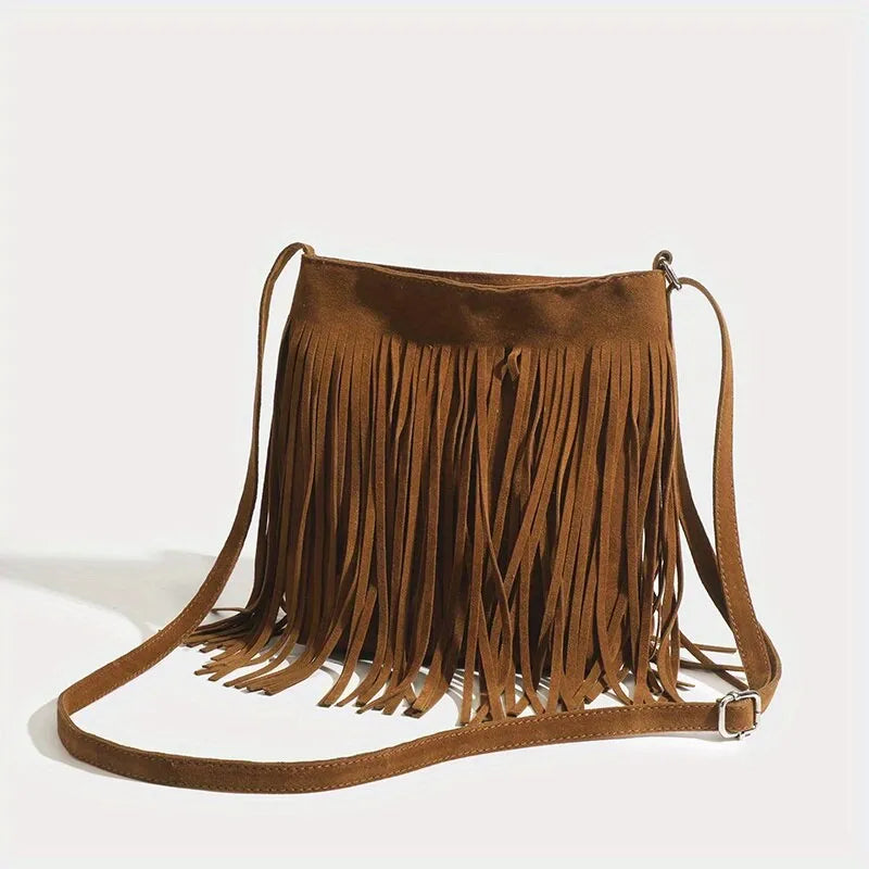 Boho Style Tassel Crossbody Bag Vintage Suede Shoulder Bag Casual Fringe Messenger Bag For Women