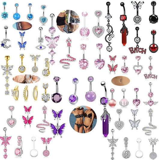 Stainless Steel Heart Belly Piercing Set 14G Butterfly Belly Button Ring Bulk Sexy Navel Piercing Bar Pack Lotus Belly Ring Lot