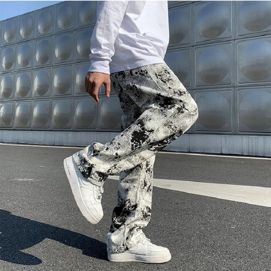 Mens Fashion Printed jeans Spring 2024 Mopping Trousers Jeans Korean Style High Street Loose Hip Hop Wide-leg Jean Pants