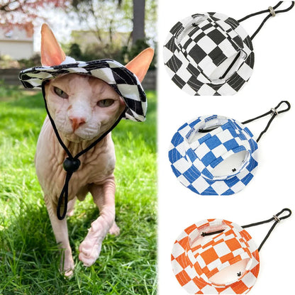 Plaid Pattern Dog Hat with Ear Hole Round Brim Dog Puppy Cat Sun Hat Bucket Hat Summer Outdoor Sun Protection Pet Caps for Dogs