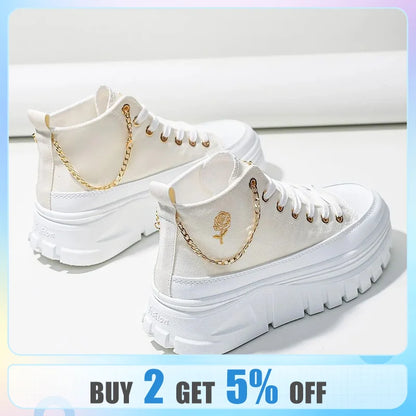 Women Lace-Up Front High Top Flatform Canvas Shoes Fashion Casual Comfortable Height Increasing Sneakers RoseChain Women's Shoes