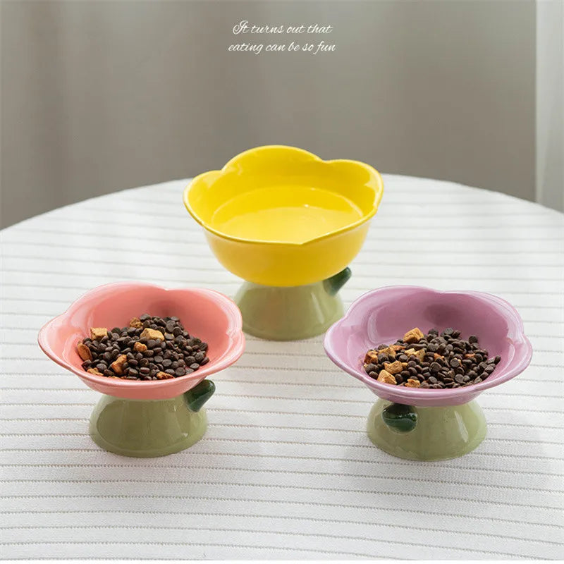 New High Foot Pet Ceramic Bowl Cats and Dogs Ceramic Pet Bowl Non-slip Flower Shape Cat Bowl Food Drinking Pets Feeder