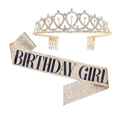 Bling Rhinestone Crystal Crown Tiara Birthday Anniversary Decoration Happy 18 21 30 40 50th Birthday Satin Sash Party Supplies