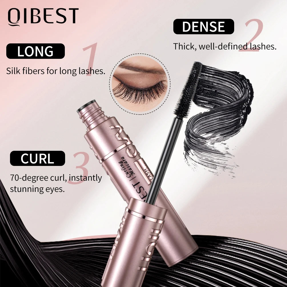 QIBEST New Silk Fiber Black Mascara Waterproof Long Lasting Extension Eyelashes Lengthening Curling Mascara Black Eyelash Makeup