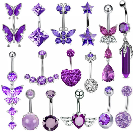 1PCS Purple Butterfly Belly Button Rings 14G Star Belly Ring Cute Heart Crystal Navel Barbell Jewelry Piercing Ombligo Mujer