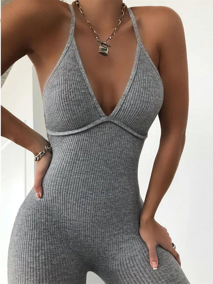 Kliou V-neck Skinny Sexy Jumpsuit Women Summer Hollow Out Partywear Halter Sleeveless Streetwear Outfit Fitness Backless jumper bodysuit