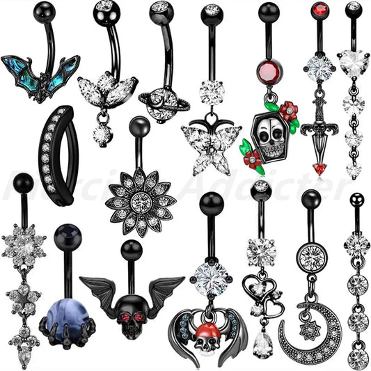 1PCS Black Skull Belly Button Rings Jewelry Stainless Steel Heart Navel Piercing Barbell Flower Belly Ring Cute Piercing Ombligo