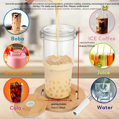 1PC Glass Cup Wooden Lid Bubble Tea Cold Drinking Coffee Wine Juice Milk Transparent Straw Car Mug Cup Drinkware Water Bottle