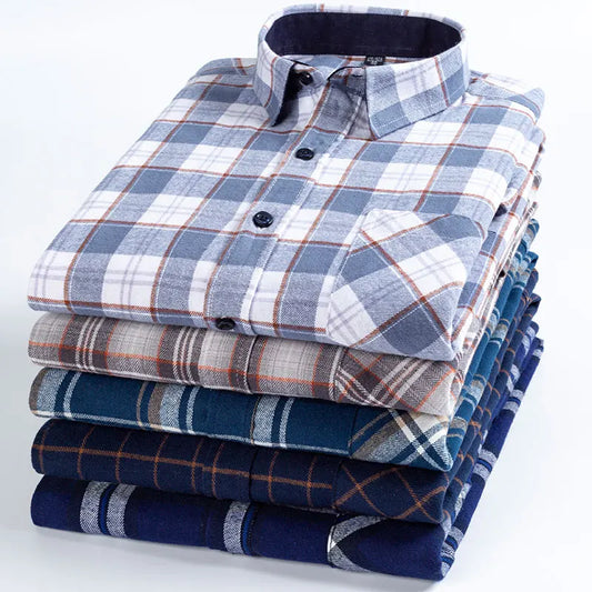 Men's Fashion 100% Cotton Thick Brushed Flannel Shirts Single Patch Pocket Long Sleeve Standard-fit Plaid Checkered Casual Shirt