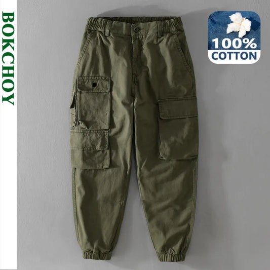 Autumn New 100% Cotton Retro Cargo Pants Men Clothing Loose Streetwear Jogger Pants Men Trousers F7621