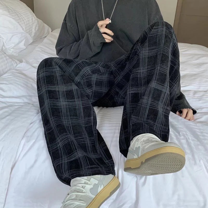 Men Checkered Casual Pants Loose Straight Corduroy Pants Sweatpants Man Fashion Streetwear 2024 Spring New Hip Hop Trousers