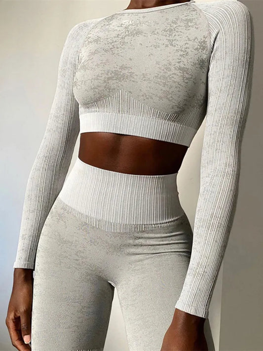 Rid Seamless Yoga Set Women 2pcs Two Piece Long Sleeve Crop Top T-Shirt Leggings Outfit Clothes Gym Wear Fitness Suit Sport Sets