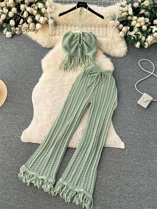 SINGREINY Summer Knitted Beach Two Pieces Sets Women Halter Backless Camis+Wide Legs Long Pants Tassel Hollow Out Bohe Suits