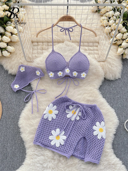 SINGREINY Korean Hollow Out Knitted Suits Women Halter Lace Up Bow Backless Tank Top+Drawstring Split Mini Skirt Two Pieces Sets