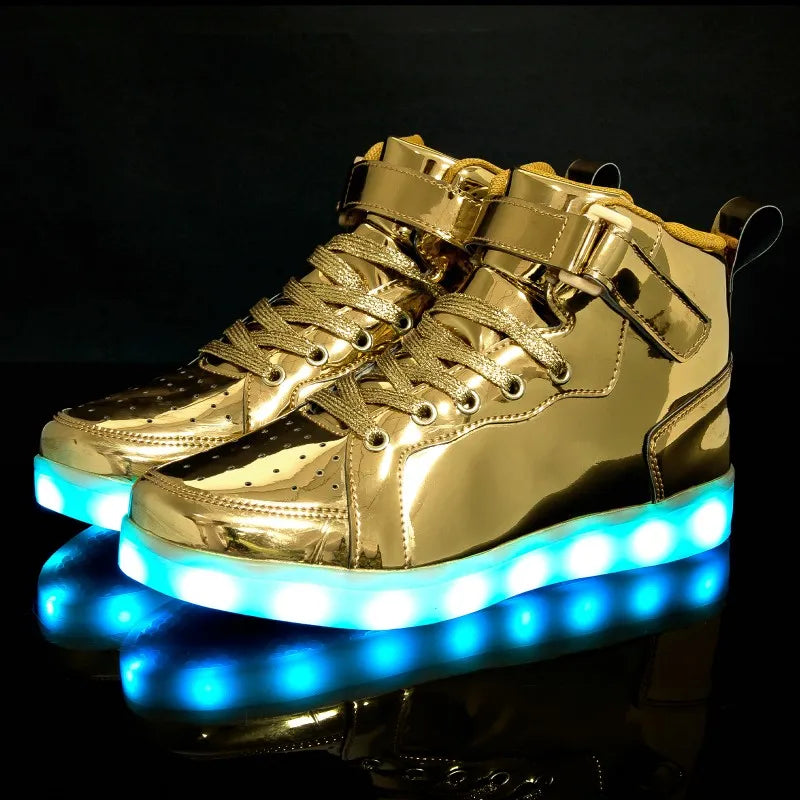 Men's and Women's High Top Board Shoes Children's Luminous Shoes LED Light Shoes Mirror Leather Panel Shoes Large 25-47