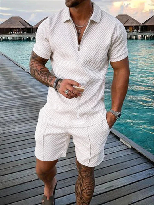 2024 New Summer Men's Shorts Set Short Sleeve Zip Polo Shirt Street T-shirt Two Piece Casual Sportswear