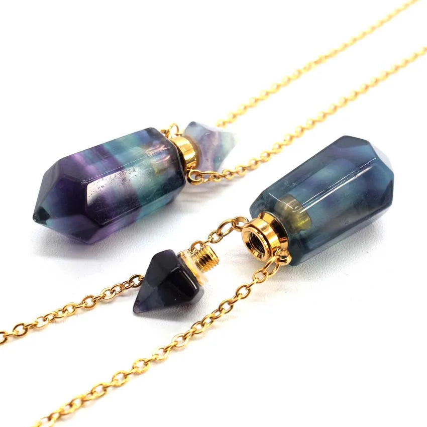 Natural Crystal Stone Perfume Bottle Pendants Necklace Fluorite Rose Pink Quartz Hexagon Point Essential Oil Diffuser Jewelry