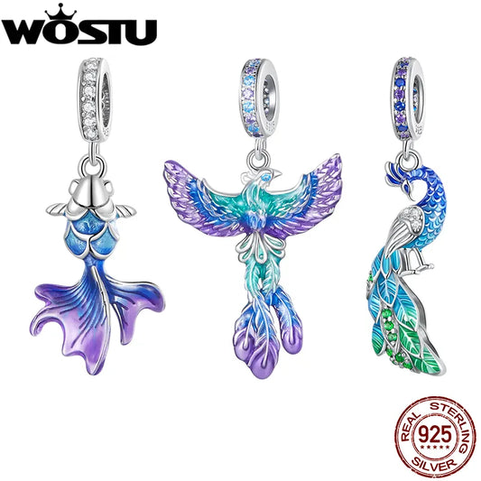 WOSTU 925 Sterling Silver Colorful Angel Wing Peacock Charms Pendant Rainbow Fish Bead Fit Bracelet Neckalce DIY Jewelry Making